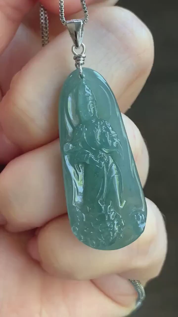 Natural Guatemalan Icy Translucent Gelatinous Teal Blue Jadeite Wen Shu Manjushri Bodhisattva Pendant Sterling Silver 天然冰胶危蓝绿翡翠文殊菩萨吊坠 B