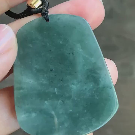 Natural Guatemalan Dark Dusty Teal Blue Jadeite Carved Shan Shui Pai Landscape Tag Pendant Rope Necklace 25” 23g 天然冰危暗蓝绿翡翠山水牌吊坠 SHS522B