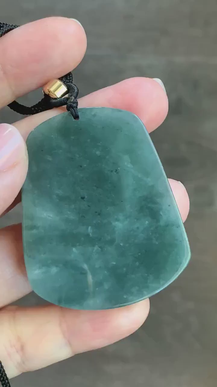 Natural Guatemalan Dark Dusty Teal Blue Jadeite Carved Shan Shui Pai Landscape Tag Pendant Rope Necklace 25” 23g 天然冰危暗蓝绿翡翠山水牌吊坠 SHS522B