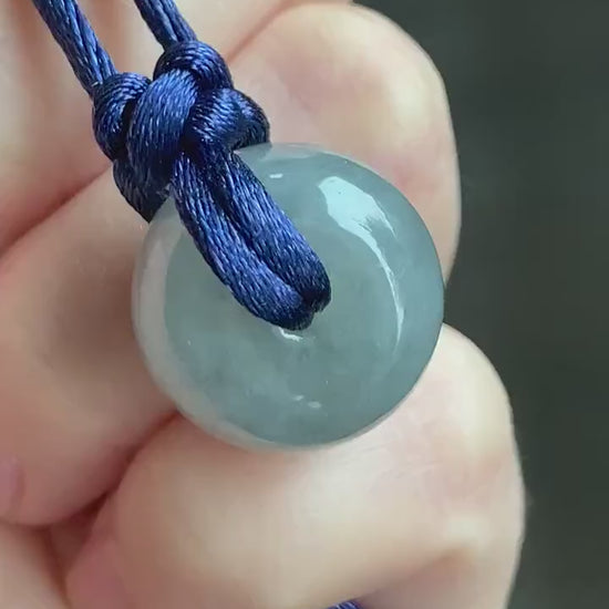 Large Natural Burmese Icy Translucent Dark Wuji Jadeite Drum Bead Pendant with Cord Necklace 23” Adjustable 天然缅甸冰糯乌鸡翡翠肥鼓珠吊坠