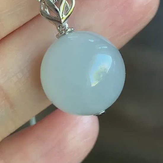 Large Certified Natural Burmese Grade A Icy Translucent Gelatinous Jadeite Sphere Bead Pendant 18K White Gold 天然缅甸糯冰起胶翡翠单珠镶嵌吊坠