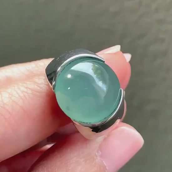 Certified Natural Guatemalan Icy Highly Translucent Teal Blue Jadeite Round Cabochon Solitaire Ring Sterling Silver size 7 天然冰危蓝水翡翠蛋面戒指 3617