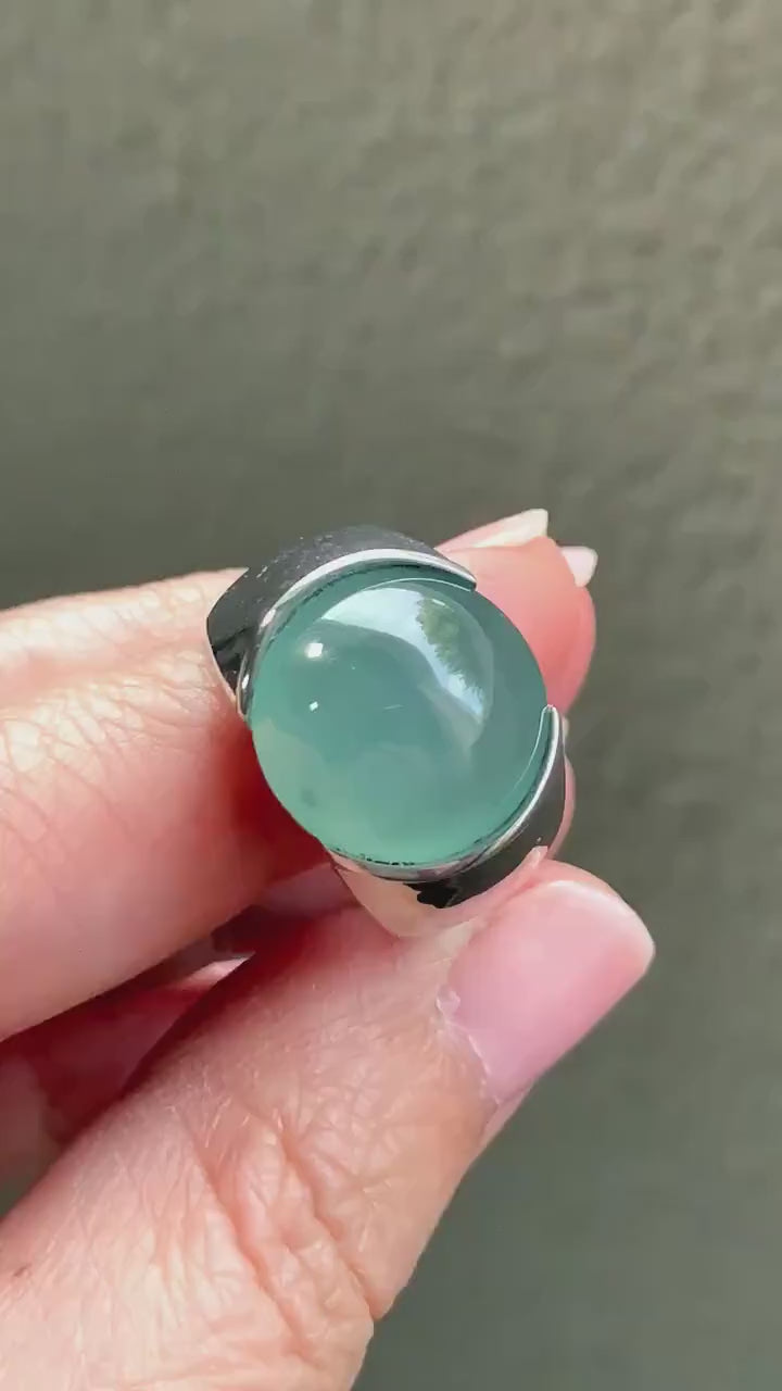 Certified Natural Guatemalan Icy Highly Translucent Teal Blue Jadeite Round Cabochon Solitaire Ring Sterling Silver size 7 天然冰危蓝水翡翠蛋面戒指 3617