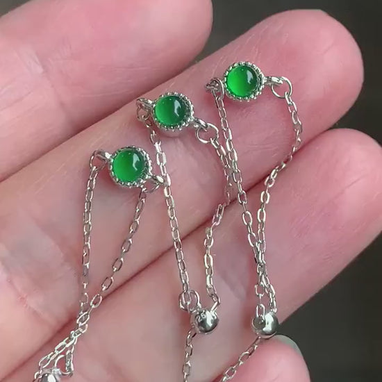 Natural Guatemalan Grade A Icy Vibrant Green Jadeite Round Cabochon Petite Chain Ring S925 Sterling Silver Adjustable 天然冰危绿翡翠镶嵌戒链戒指 LJ30