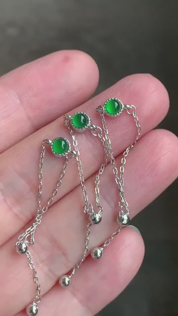 Natural Guatemalan Grade A Icy Vibrant Green Jadeite Round Cabochon Petite Chain Ring S925 Sterling Silver Adjustable 天然冰危绿翡翠镶嵌戒链戒指 LJ30