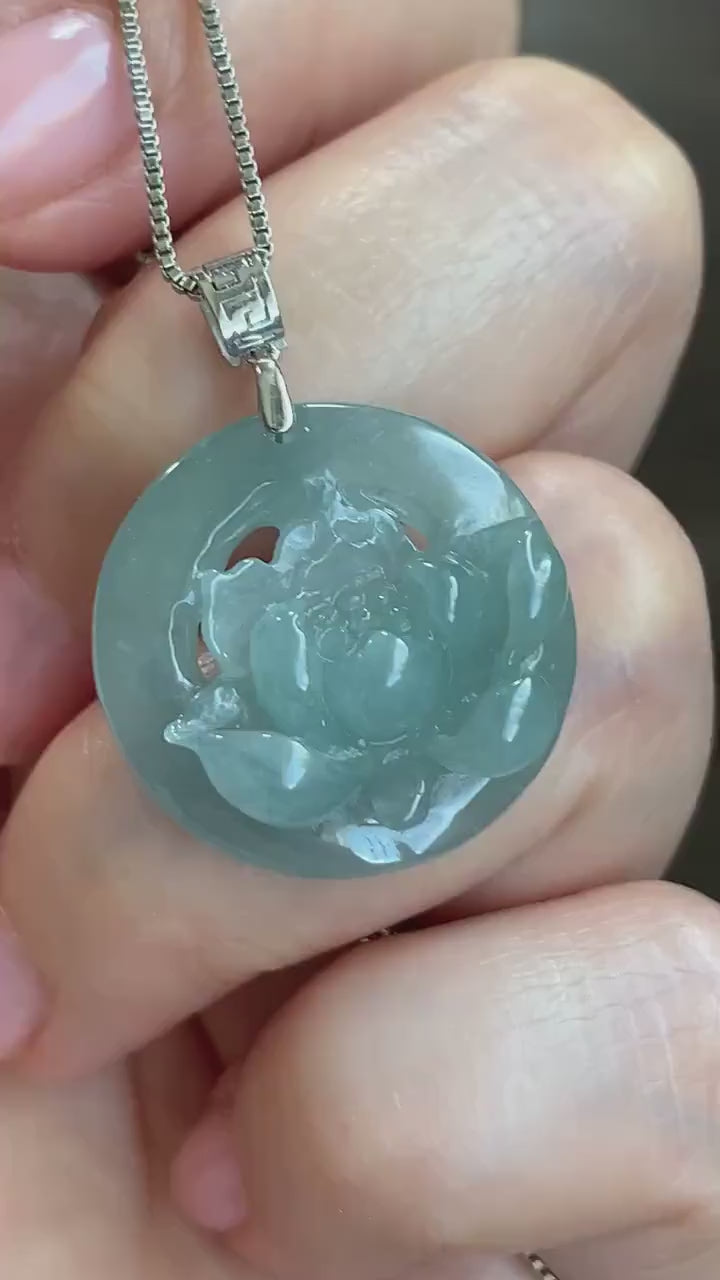 Natural Guatemalan Icy Highly Translucent Light Dusty Blue Jadeite Lotus Flower Circle Pendant 18K White Gold 天然冰危淡蓝翡翠莲花圈镶嵌吊坠 YHH-A