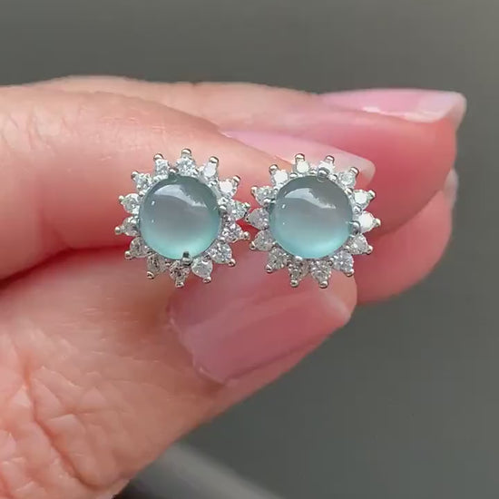 Natural Guatemalan Icy Translucent Teal Blue Jadeite Halo Style Stud Earrings S925 Sterling Silver 天然冰危湖水蓝翡翠银镶耳钉 DHA70