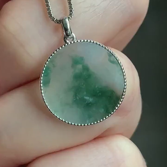 Certified Natural Burmese Icy Translucent Green Marbled Jadeite Blessing Amulet Pendant Wu Shi Pai 18K White Gold 天然缅甸冰飘花翡翠无事牌镶嵌吊坠 3299