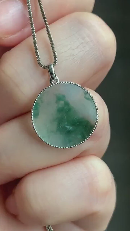 Certified Natural Burmese Icy Translucent Green Marbled Jadeite Blessing Amulet Pendant Wu Shi Pai 18K White Gold 天然缅甸冰飘花翡翠无事牌镶嵌吊坠 3299