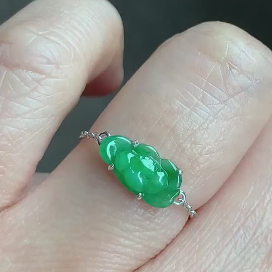 Certified Natural Burmese Icy Translucent Vibrant Green Jadeite Carved Lotus Flower Chain Ring 18K White Gold Adjustable 天然缅甸冰阳绿翡翠荷花镶嵌戒指