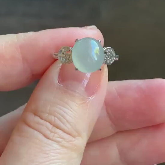 Natural Burmese Icy Translucent White Jadeite Oval Cabochon Solitaire Ring S925 Sterling Silver Size 6.25 天然缅甸白冰翡翠蛋面银镶戒指 MY50A