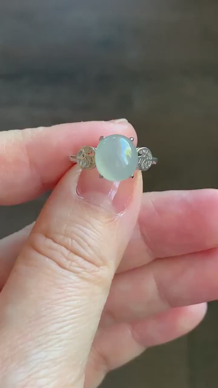 Natural Burmese Icy Translucent White Jadeite Oval Cabochon Solitaire Ring S925 Sterling Silver Size 6.25 天然缅甸白冰翡翠蛋面银镶戒指 MY50A