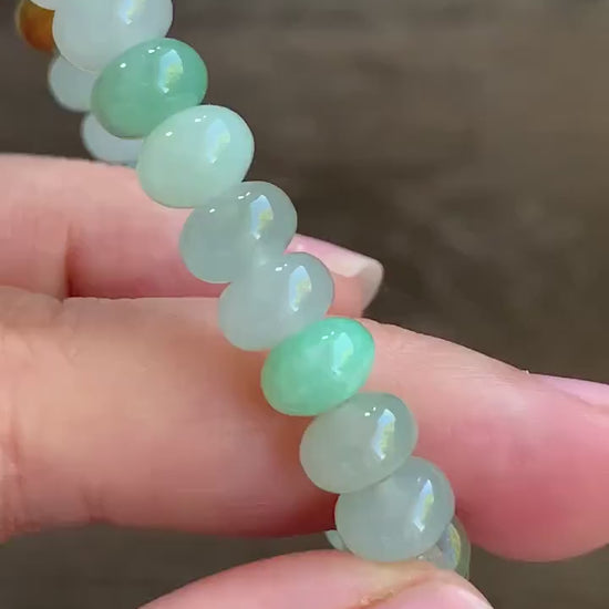 Certified Natural Burmese Icy Translucent Multicolored Jadeite Drum Beads Beaded Bracelet Stretchy 6.75” 22.72g 天然缅甸冰胶多宝翡翠鼓珠手串 3001