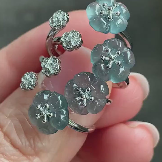 Natural Guatemalan Icy Highly Translucent Gelatinous Teal Blue Jadeite Cherry Blossom Open Band Ring Sterling Silver Size 7 天然高冰危蓝翡翠梅花开口银镶戒指
