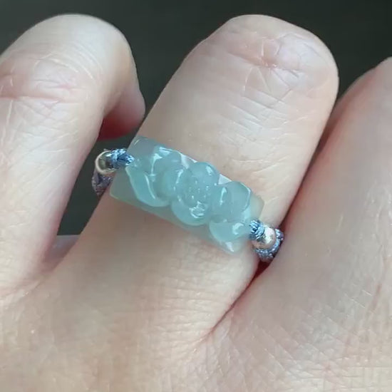 Natural Guatemalan Premium Icy Translucent Gelatinous Light Blue Jadeite Lotus Flower Rope Band Ring Sterling Silver Size 8.75 天然冰危淡蓝翡翠莲花绳戒
