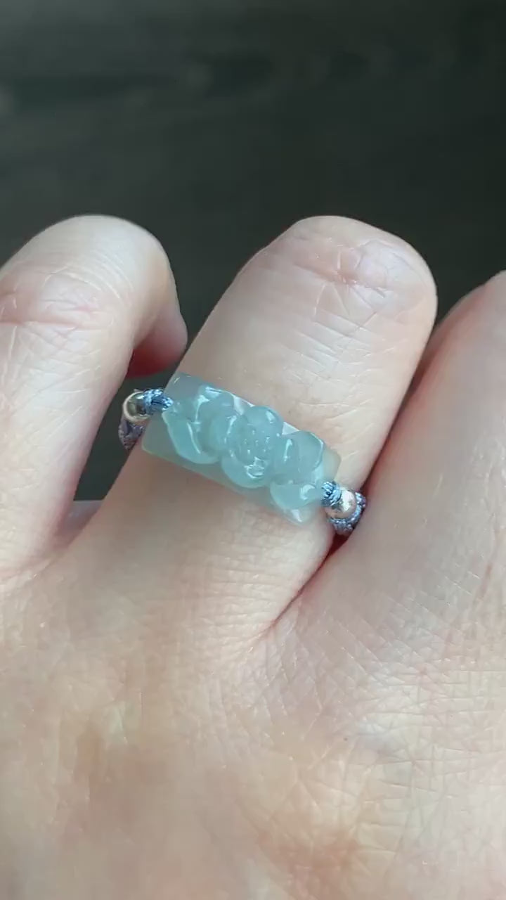 Natural Guatemalan Premium Icy Translucent Gelatinous Light Blue Jadeite Lotus Flower Rope Band Ring Sterling Silver Size 8.75 天然冰危淡蓝翡翠莲花绳戒