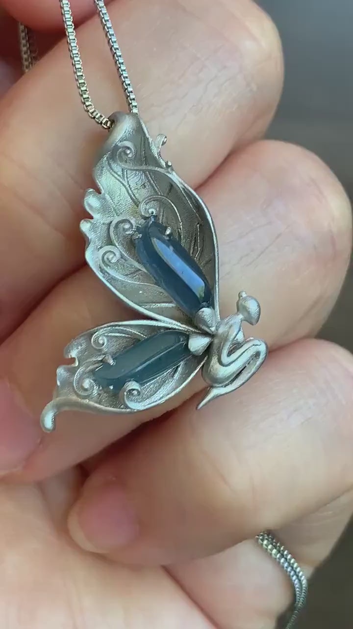 Certified Natural Guatemalan Icy Translucent Blue Jadeite Butterfly Fairy Custom Design Pendant 925 Sterling Silver 天然冰危蓝翡翠设计款蝴蝶仙子镶嵌吊坠 0369