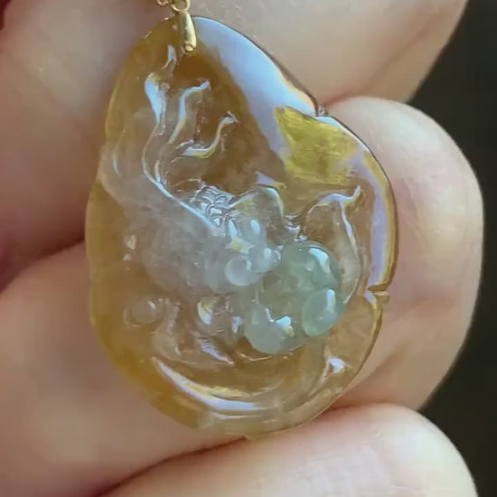 Stunning Natural Burmese Premium Tri-Colored Icy Highly Translucent Jadeite Lotus Flower Goldfish Pendant 18K Yellow Gold 天然缅甸冰黄翡三彩翡翠莲花鱼吊坠