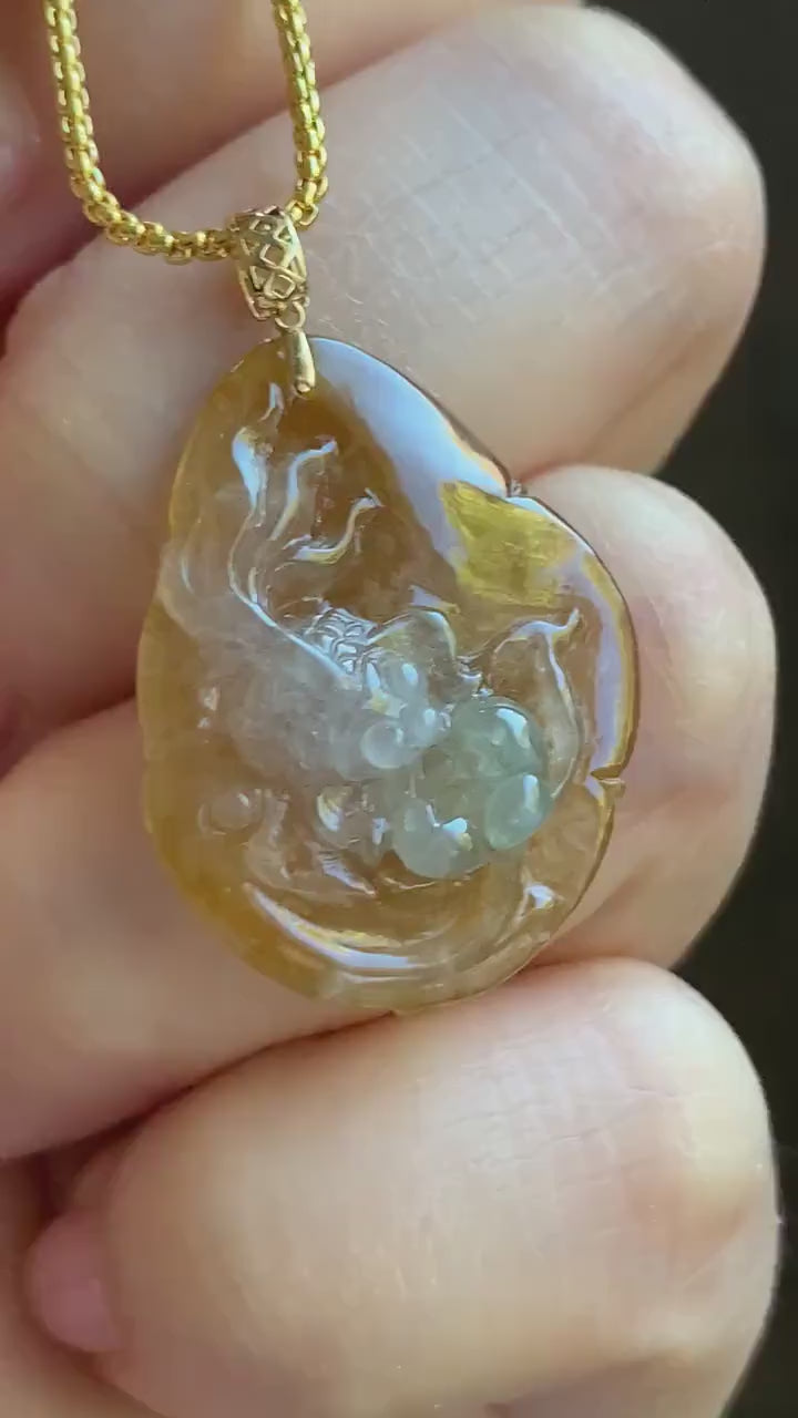 Stunning Natural Burmese Premium Tri-Colored Icy Highly Translucent Jadeite Lotus Flower Goldfish Pendant 18K Yellow Gold 天然缅甸冰黄翡三彩翡翠莲花鱼吊坠