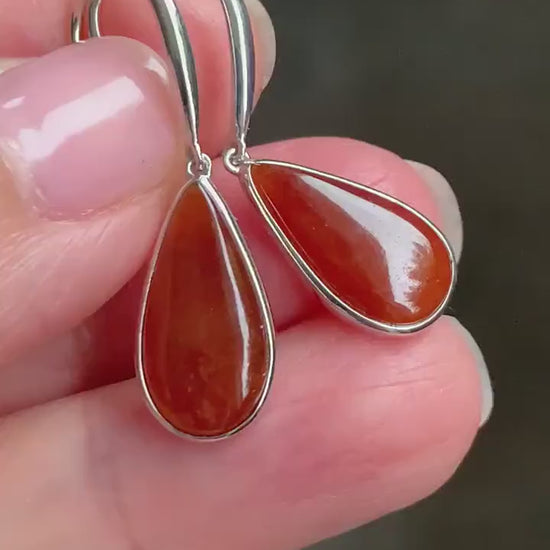 Certified Natural Burmese Icy Highly Translucent Cognac Red Jadeite Teardrop Dangle Earrings Sterling Silver 2.29g 天然缅甸冰红翡翠水滴蛋面镶嵌耳钩 3045