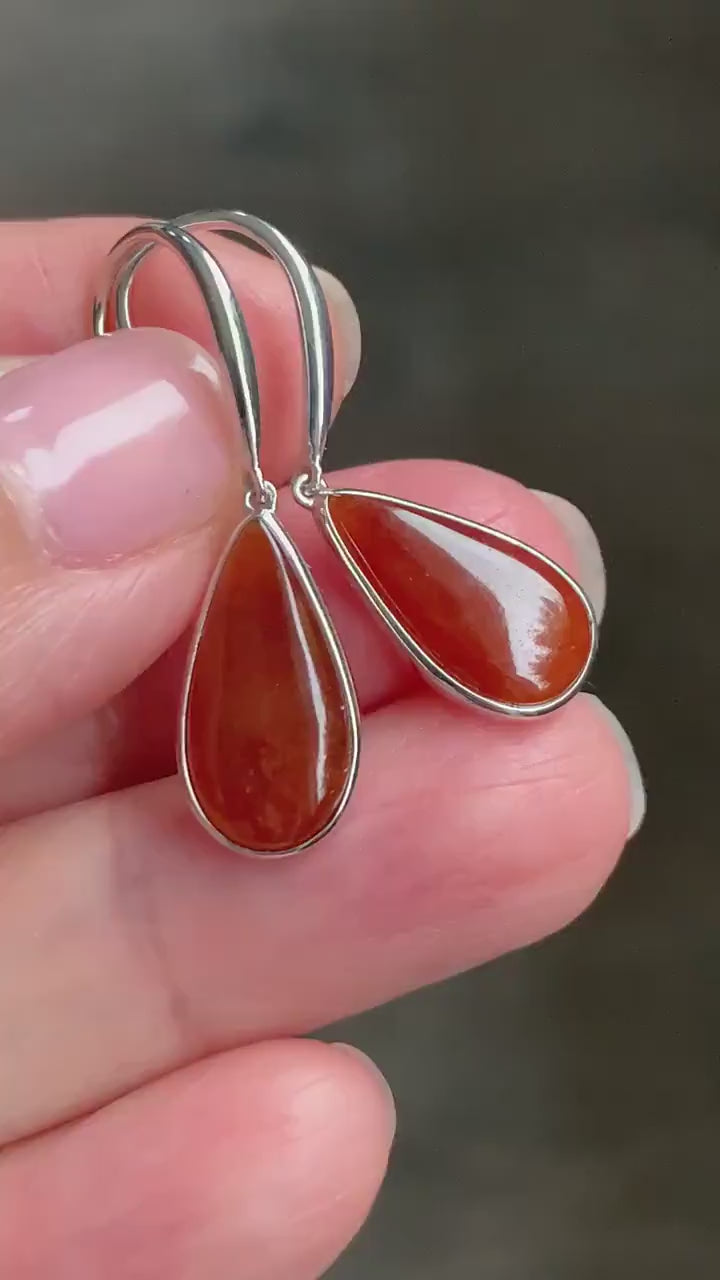 Certified Natural Burmese Icy Highly Translucent Cognac Red Jadeite Teardrop Dangle Earrings Sterling Silver 2.29g 天然缅甸冰红翡翠水滴蛋面镶嵌耳钩 3045