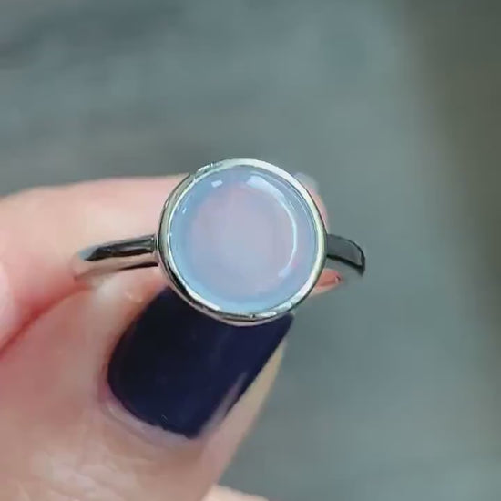 Natural Burmese Icy Translucent White Jadeite w/ Lavender Undertone Solitaire Ring Sterling Silver Size 7 Adjustable 天然缅甸白冰紫底翡翠银镶戒指 MWS70