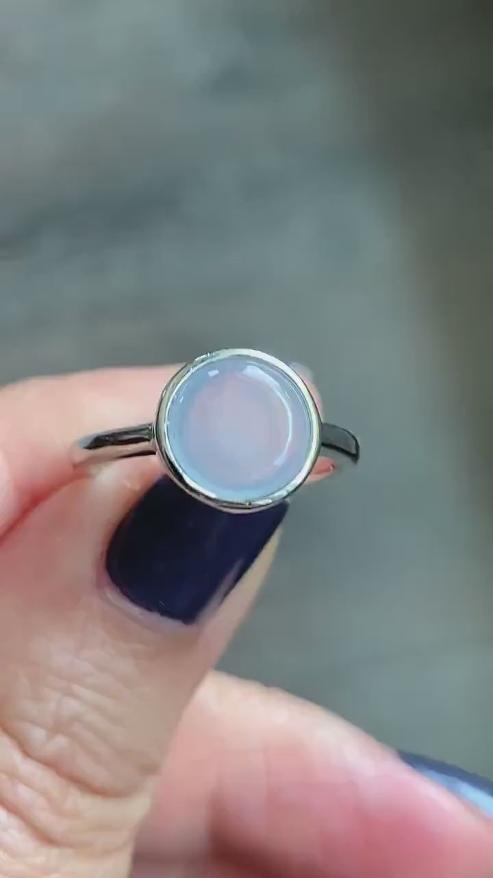 Natural Burmese Icy Translucent White Jadeite w/ Lavender Undertone Solitaire Ring Sterling Silver Size 7 Adjustable 天然缅甸白冰紫底翡翠银镶戒指 MWS70