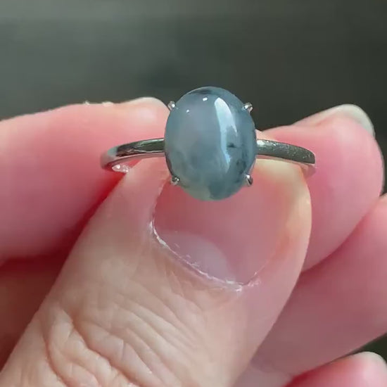 Natural Burmese Icy Translucent Gelatinous Wuji Jadeite Oval Solitaire Ring S925 Sterling Silver Size 7 Adjustable 天然缅甸老种冰胶乌鸡翡翠银镶戒指 BWJ70