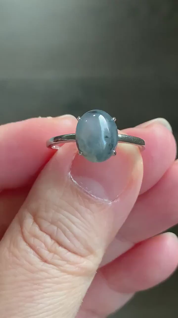 Natural Burmese Icy Translucent Gelatinous Wuji Jadeite Oval Solitaire Ring S925 Sterling Silver Size 7 Adjustable 天然缅甸老种冰胶乌鸡翡翠银镶戒指 BWJ70