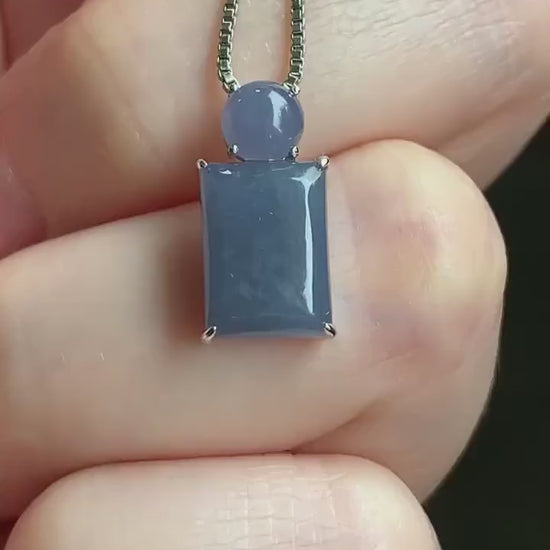 Certified Natural Guatemalan Icy Translucent Purplish Blueberry Blue Jadeite Petite Pendant 18K White Gold 1.37g 天然冰危蓝紫翡翠蛋面镶嵌吊坠 1447