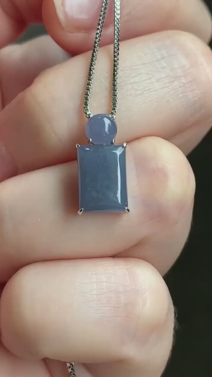 Certified Natural Guatemalan Icy Translucent Purplish Blueberry Blue Jadeite Petite Pendant 18K White Gold 1.37g 天然冰危蓝紫翡翠蛋面镶嵌吊坠 1447