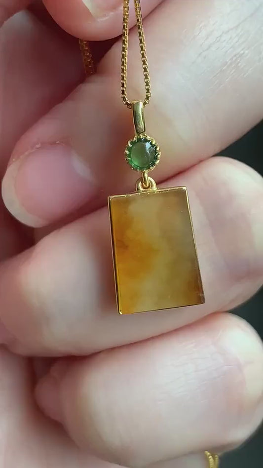 Certified Natural Burmese Icy Translucent Vibrant Yellow Wu Shi Pai Jadeite Trapezoid Shaped Pendant 18K Yellow Gold 天然缅甸起冰油黄翡翠无事牌镶嵌吊坠 3292