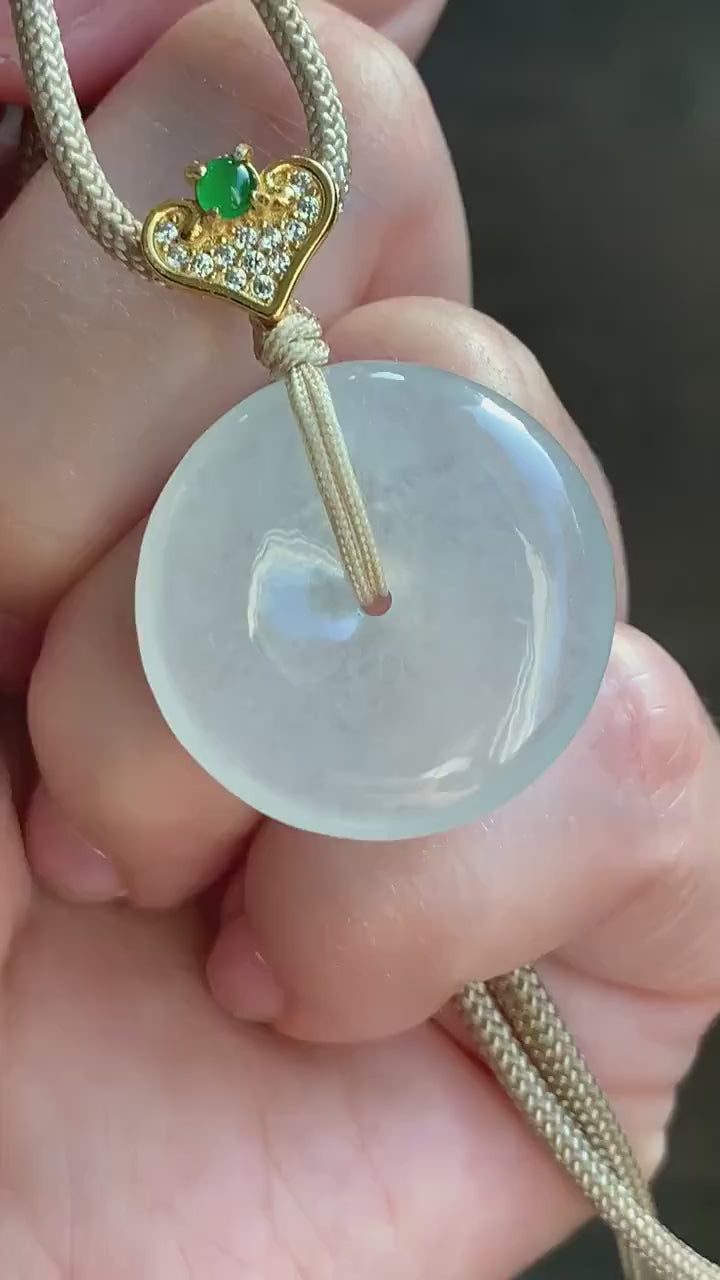 Certified Natural Burmese Icy Highly Translucent White Jadeite Ping An Kou Donut Vibrant Green Jadeite Pendant Necklace 天然缅甸正白冰起光翡翠平安扣危绿翡翠吊坠