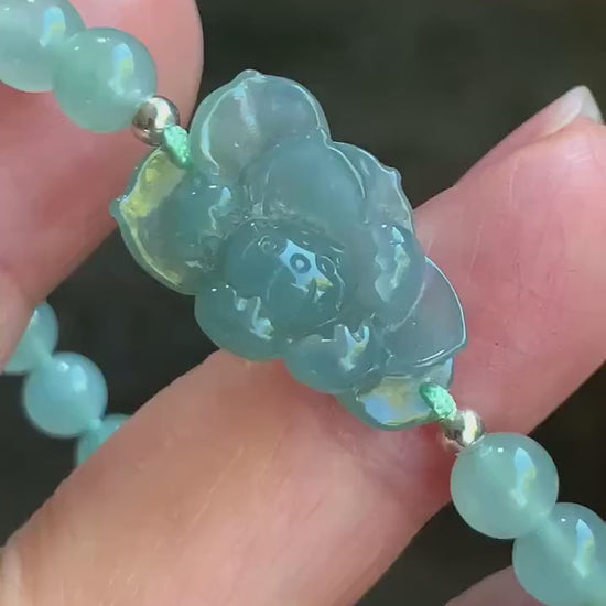 Certified Natural Burmese Icy Translucent Dusty Teal Blue & Light Green Jadeite Lotus Flower Beaded Bracelet 6.25”-7.25” 天然缅甸冰蓝翡翠莲花晴底珠手串 936