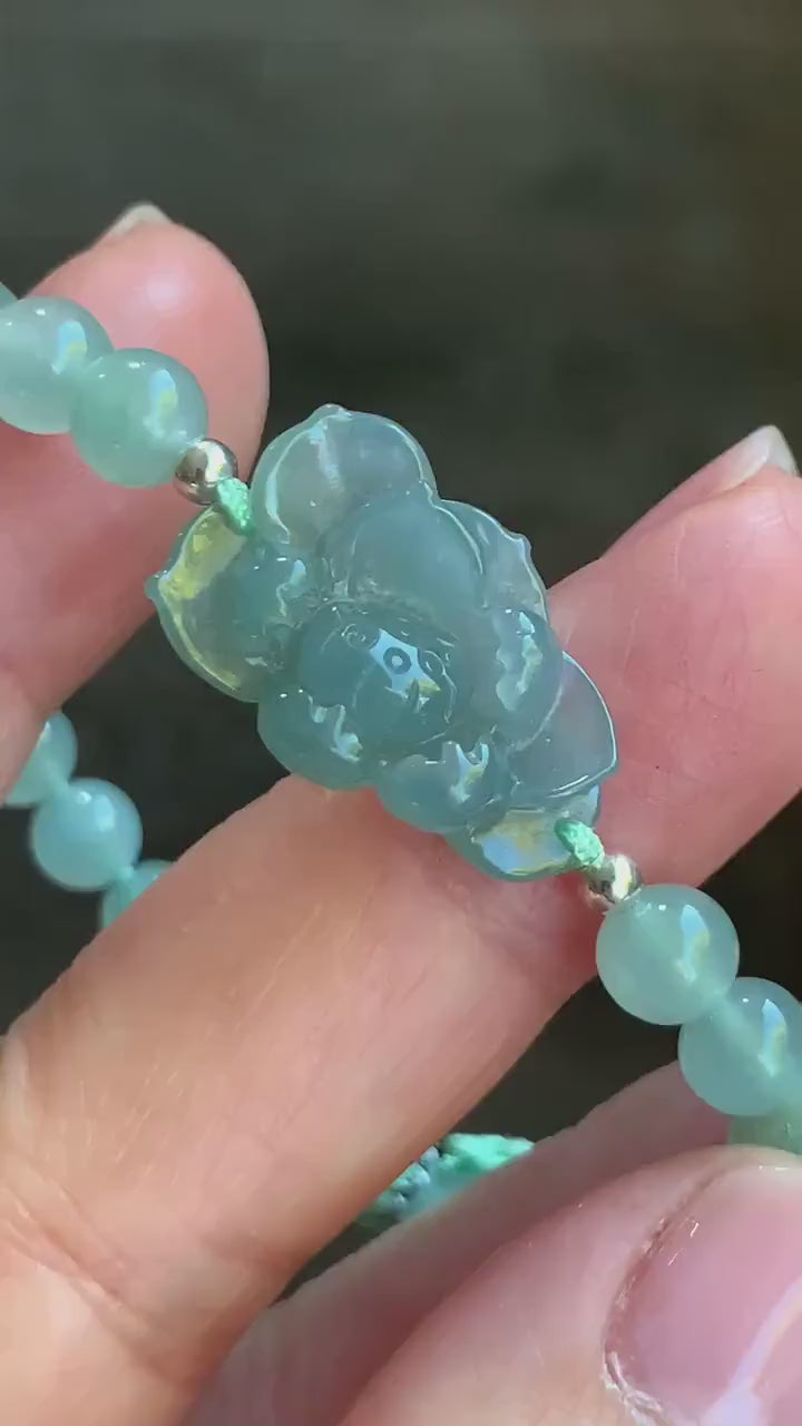 Certified Natural Burmese Icy Translucent Dusty Teal Blue & Light Green Jadeite Lotus Flower Beaded Bracelet 6.25”-7.25” 天然缅甸冰蓝翡翠莲花晴底珠手串 936