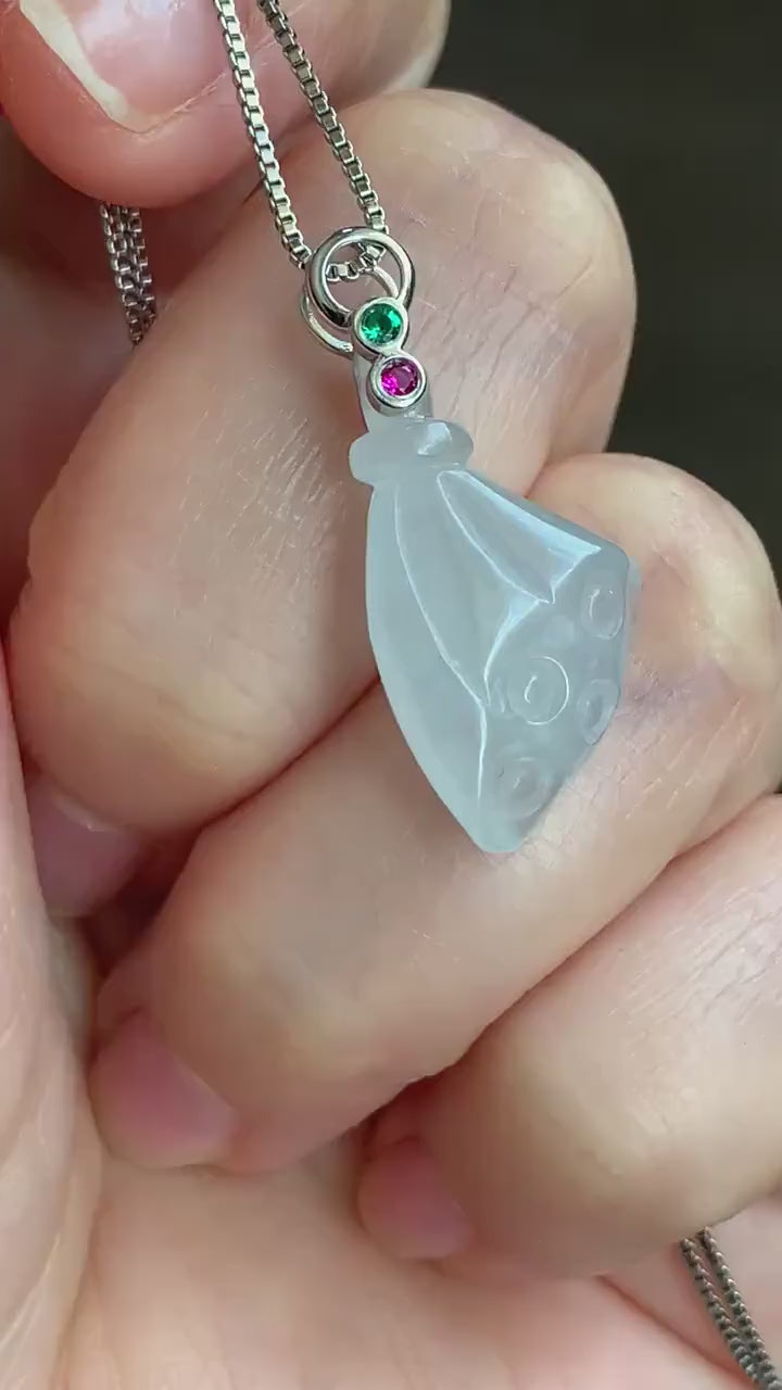 Certified Natural Burmese Icy Translucent Gelatinous White Jadeite Carved Lotus Pod Pendant 18K White Gold 天然缅甸白冰胶翡翠莲蓬镶嵌吊坠