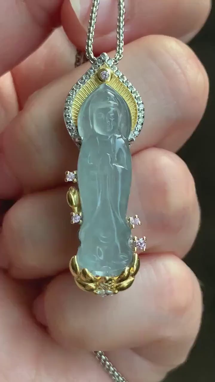 Certified Natural Guatemalan Icy Highly Translucent Gelatinous Light Blue Jadeite Guanyin Pendant Sterling Silver 6.9g 天然冰胶危淡蓝翡翠观音镶嵌吊坠 6891