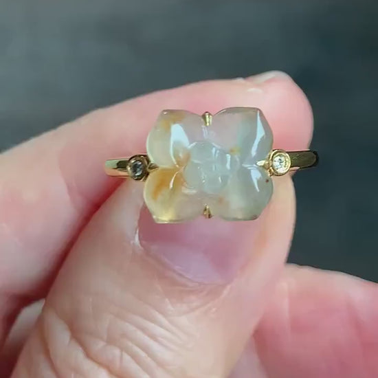 Certified Natural Burmese Icy Highly Translucent Light Yellow Cognac Marbled Jadeite Flower Ring 18K Yellow Gold Sz 7.25 天然缅甸冰糖黄撒金翡翠钻石镶嵌戒指