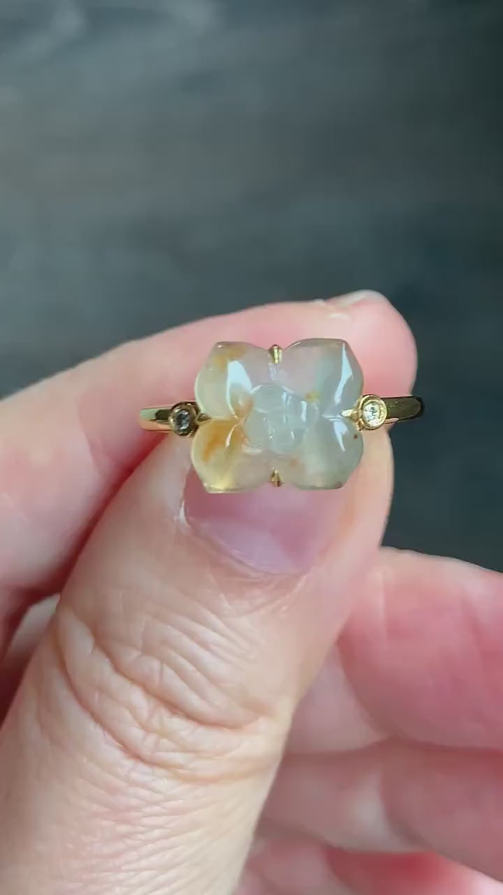 Certified Natural Burmese Icy Highly Translucent Light Yellow Cognac Marbled Jadeite Flower Ring 18K Yellow Gold Sz 7.25 天然缅甸冰糖黄撒金翡翠钻石镶嵌戒指