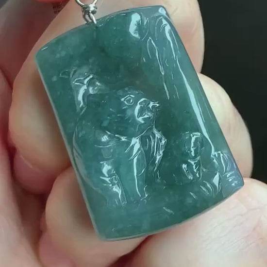 Natural Guatemalan Icy Translucent Dusty Teal Blue Jadeite Engraved Tiger & Tiger Cub Pendant Sterling Silver 12g 天然冰危蓝水翡翠虎牌吊坠