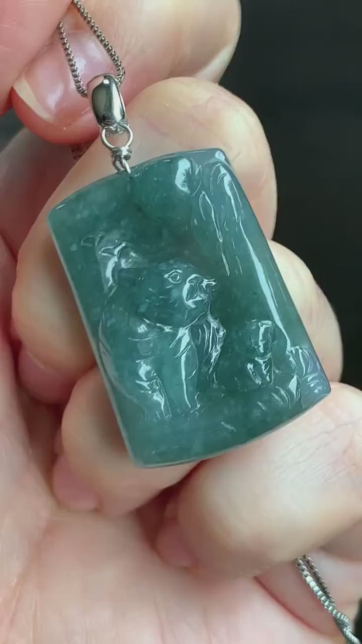 Natural Guatemalan Icy Translucent Dusty Teal Blue Jadeite Engraved Tiger & Tiger Cub Pendant Sterling Silver 12g 天然冰危蓝水翡翠虎牌吊坠