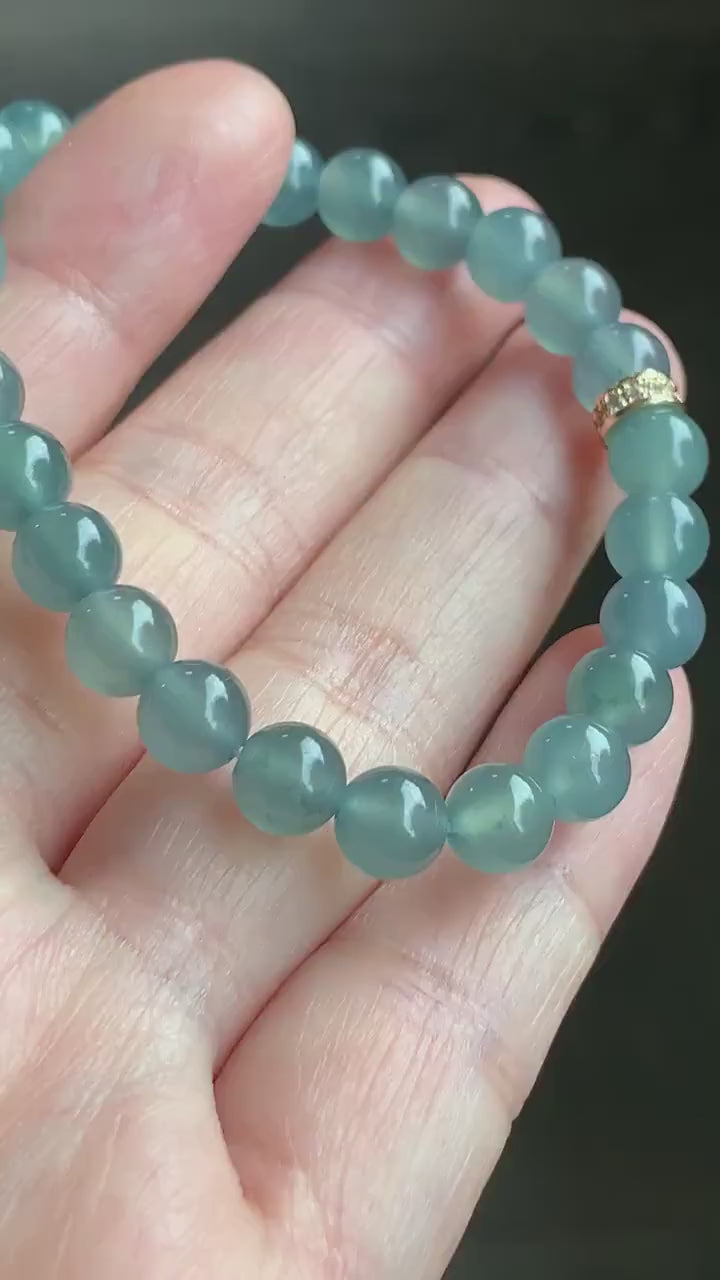 Certified Natural Guatemalan A Graded Icy Highly Translucent Light Dusty Blue Jadeite Beaded Bracelet 6.7mm 6.25” Stretchy 天然高冰危淡蓝翡翠手串 7413