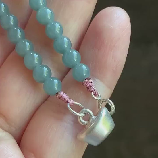 Natural Guatemalan Icy Translucent Gelatinous Dusty Blue Jadeite Dragon Turtle Beaded Bracelet Sterling Silver 6.75” 9g 天然冰危烟蓝紫起胶翡翠龙龟小圆珠手串