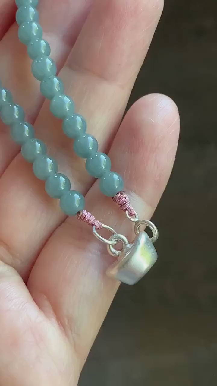 Natural Guatemalan Icy Translucent Gelatinous Dusty Blue Jadeite Dragon Turtle Beaded Bracelet Sterling Silver 6.75” 9g 天然冰危烟蓝紫起胶翡翠龙龟小圆珠手串