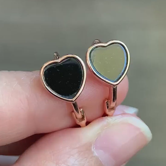 Natural Burmese Translucent Black Jadeite Heart Design Hoop Huggie Earrings S925 Sterling Silver Rose Gold Finish 3g 天然缅甸墨翠翡翠爱心银镶耳包