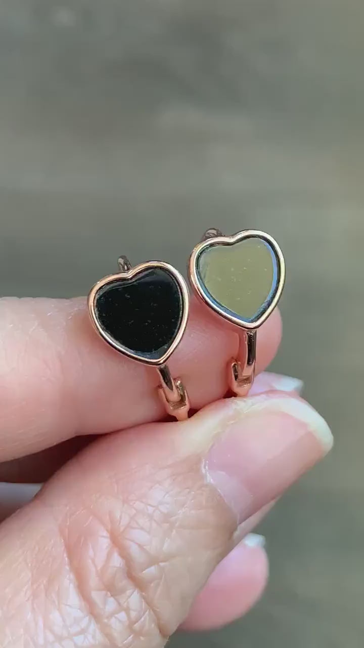 Natural Burmese Translucent Black Jadeite Heart Design Hoop Huggie Earrings S925 Sterling Silver Rose Gold Finish 3g 天然缅甸墨翠翡翠爱心银镶耳包