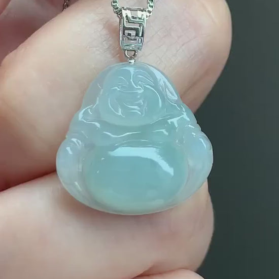 Natural Burmese Icy Translucent Gelatinous Light Green Jadeite Carved Buddha Pendant 18K White Gold 3 grams 天然缅甸冰胶晴底翡翠佛公镶嵌吊坠
