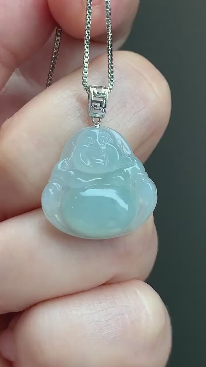 Natural Burmese Icy Translucent Gelatinous Light Green Jadeite Carved Buddha Pendant 18K White Gold 3 grams 天然缅甸冰胶晴底翡翠佛公镶嵌吊坠