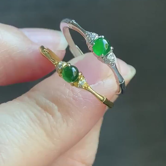 Natural Guatemalan Icy Translucent Vibrant Green Jadeite Bamboo Design Ring S925 Sterling Silver Size 7 Adjustable 天然冰危绿翡翠竹节银镶戒指 ZJW50
