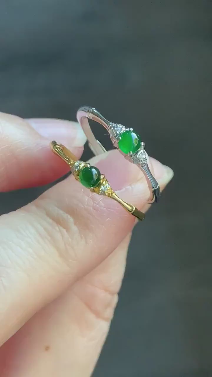 Natural Guatemalan Icy Translucent Vibrant Green Jadeite Bamboo Design Ring S925 Sterling Silver Size 7 Adjustable 天然冰危绿翡翠竹节银镶戒指 ZJW50